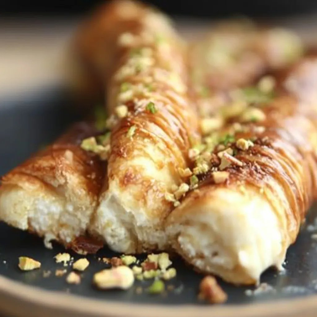 Feta-Sticks mit knusprigem Blätterteig, Honig und Pistazien