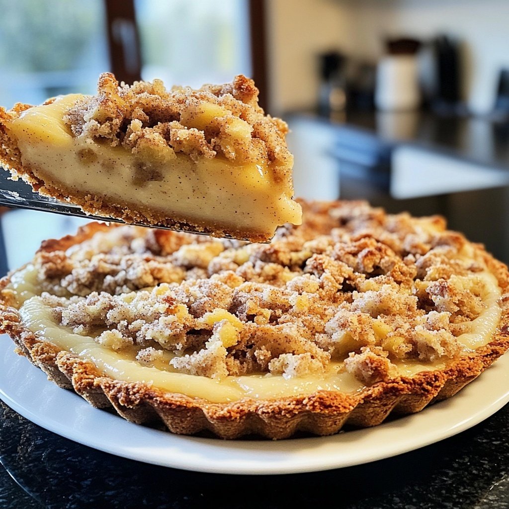 Traditioneller Apfelkuchen mit Pudding und Zimtstreuseln